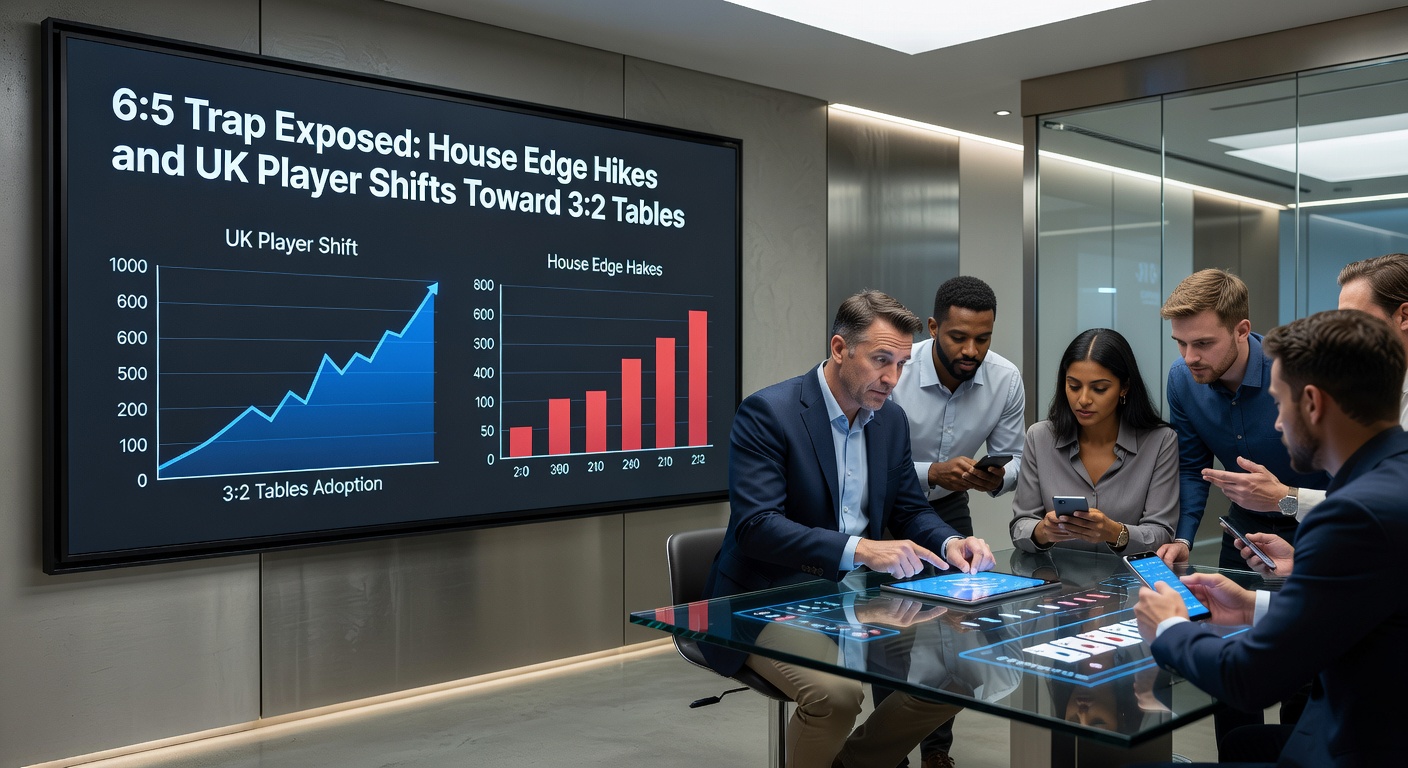 UK blackjack players crowding a lively 3:2 payout table in a modern casino