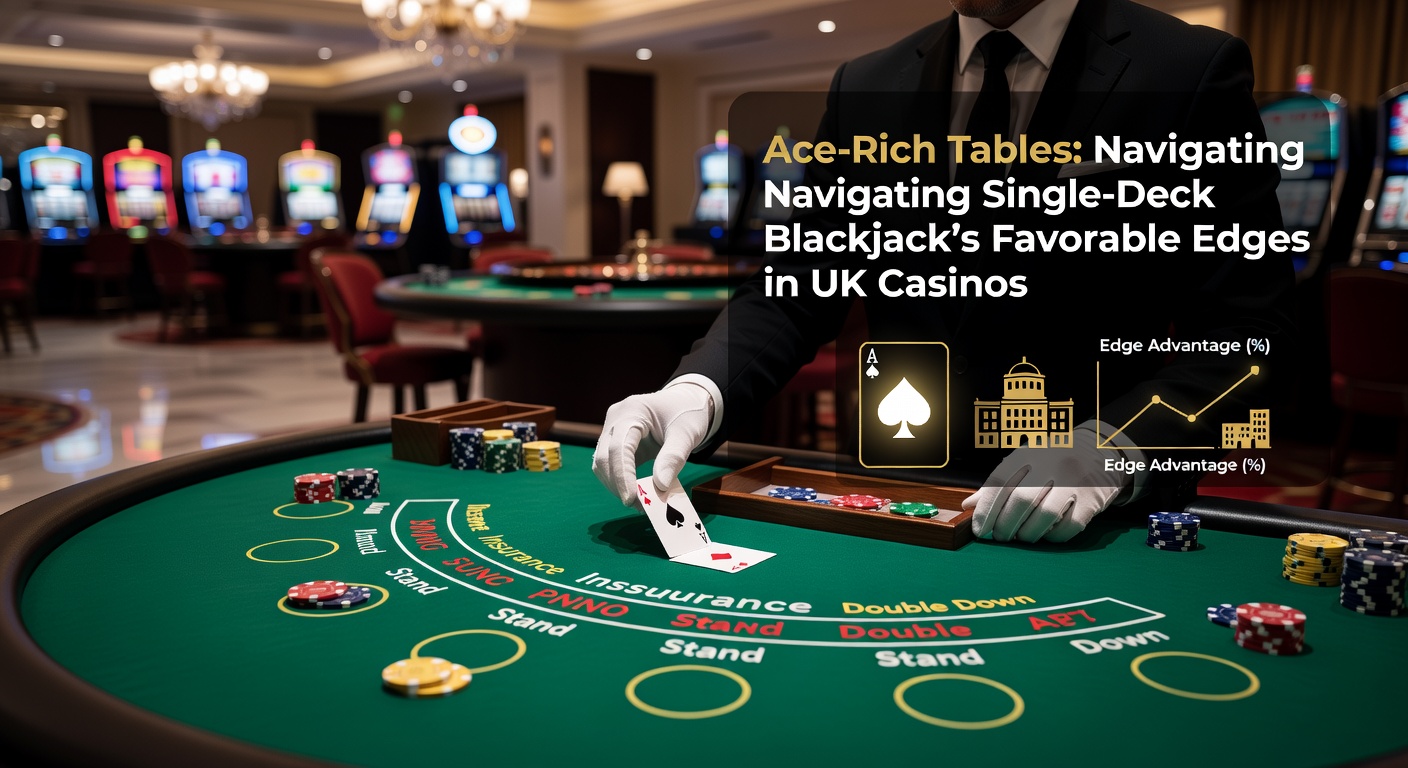 Close-up of a single-deck blackjack table in a bustling UK casino, cards fanned out with aces prominent amid chips and felt surface