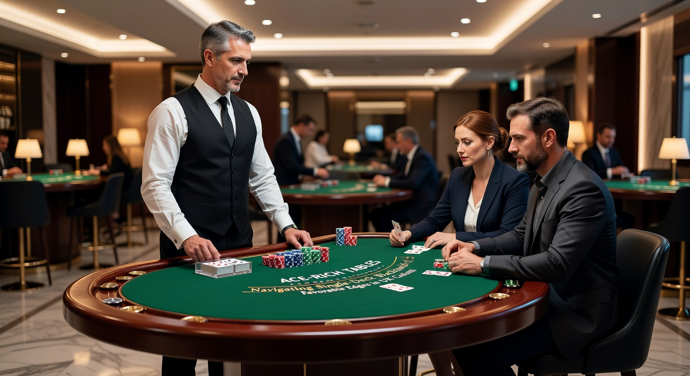 Player at a UK single-deck blackjack table reviewing strategy chart, dealer shuffling fresh deck nearby with aces visible