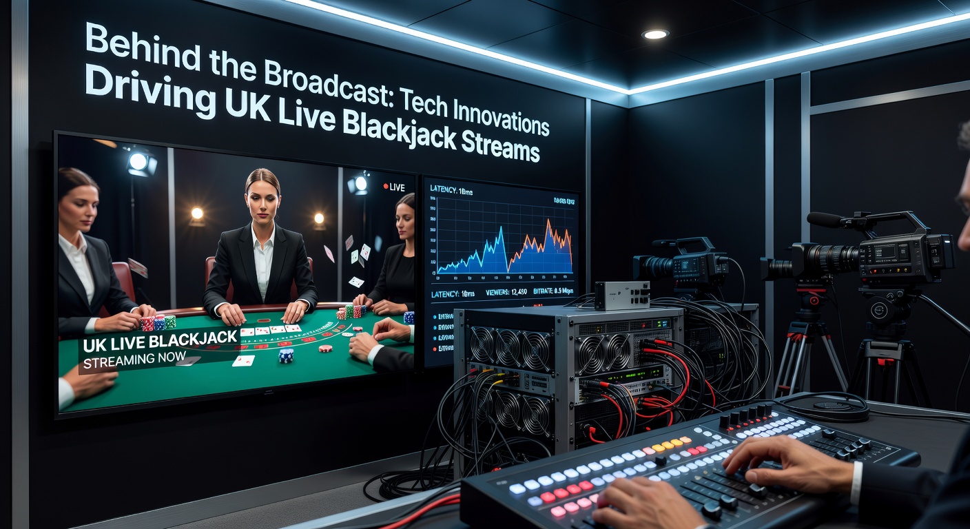 High-tech studio setup for live blackjack streaming, featuring multiple cameras, LED lighting, and broadcast consoles
