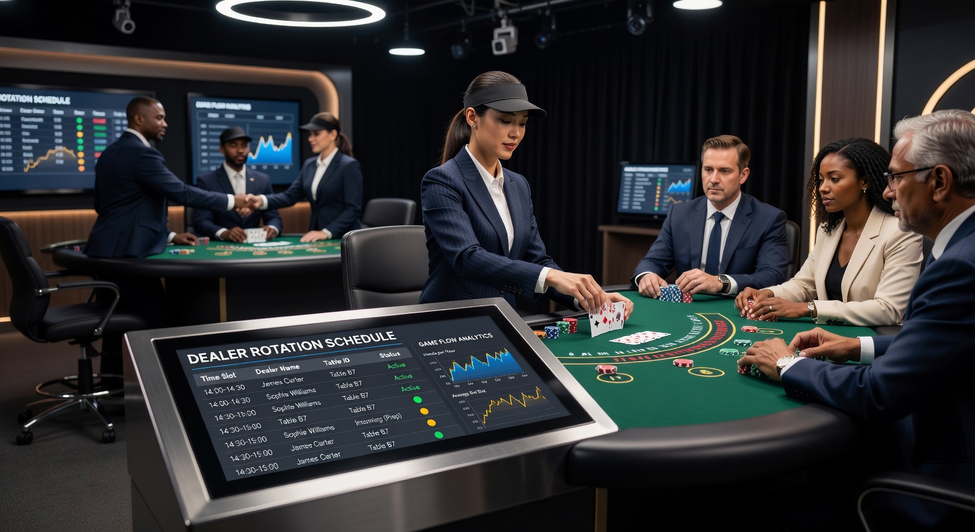 Live UK blackjack studio with dealers rotating between tables during a busy evening session