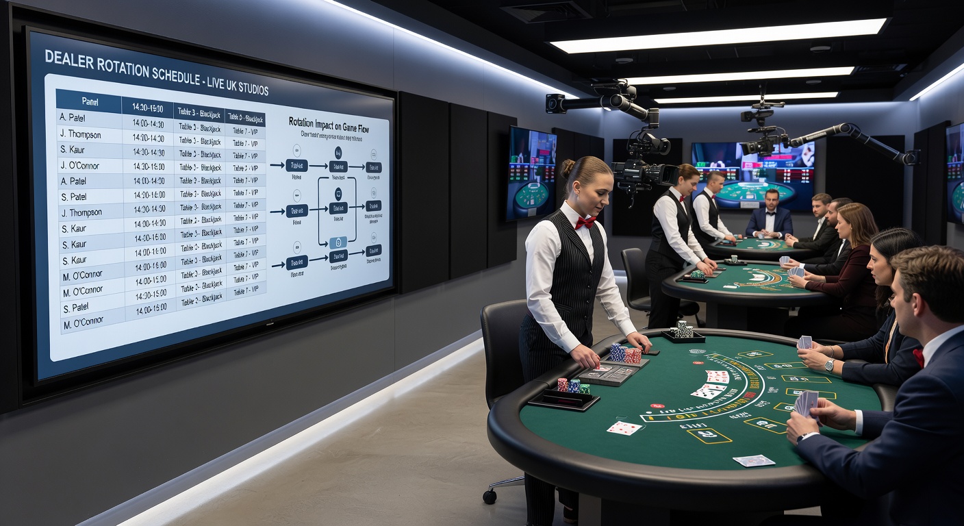 Control room view showing multiple blackjack tables and dealer rotation timing displayed on monitoring screens