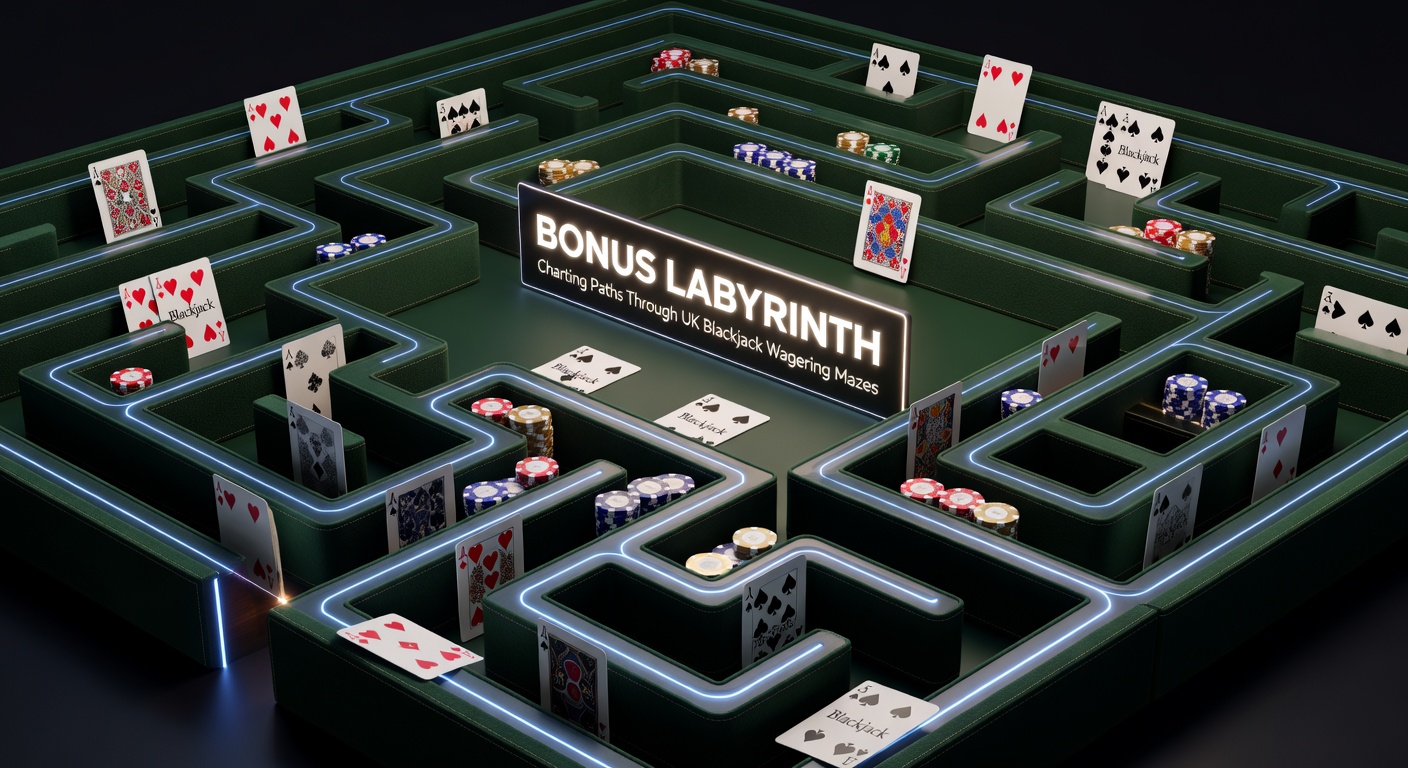 A intricate maze representing the complex paths of blackjack bonus wagering requirements, with chips and cards navigating twists and turns