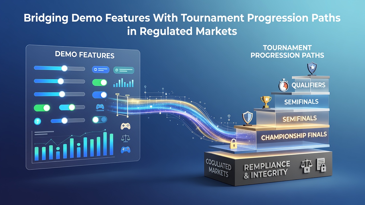 Players engaging with demo tournament interfaces on regulated gaming platforms showing progression pathways