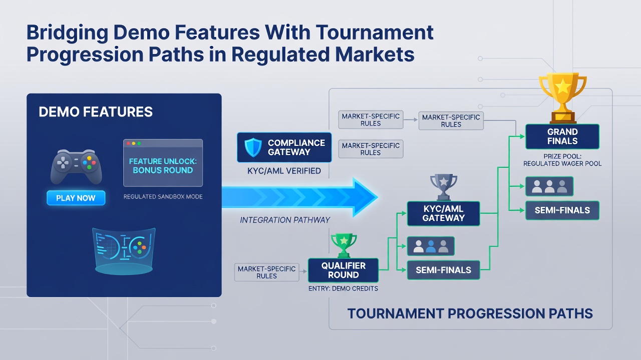 Tournament progression dashboard displaying demo achievements converting into live event qualifications