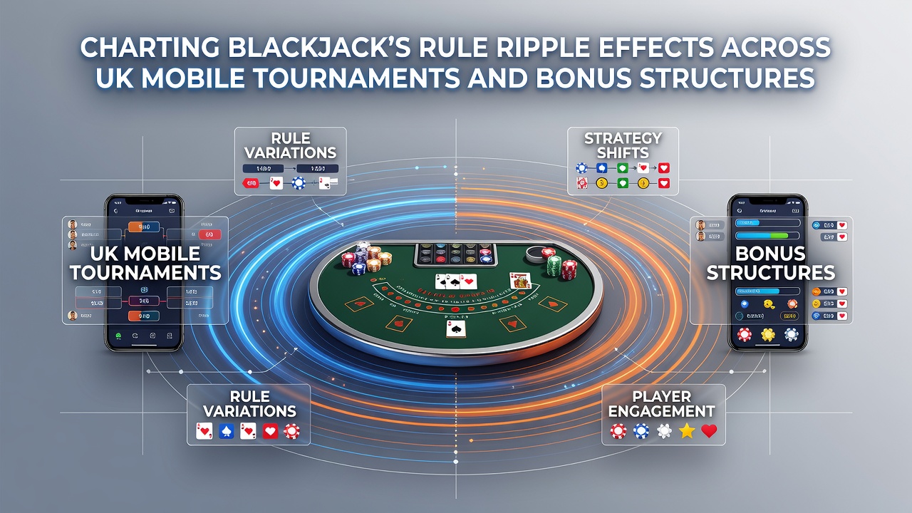 Mobile blackjack tournament interface showing rule variations and bonus indicators on UK gaming apps