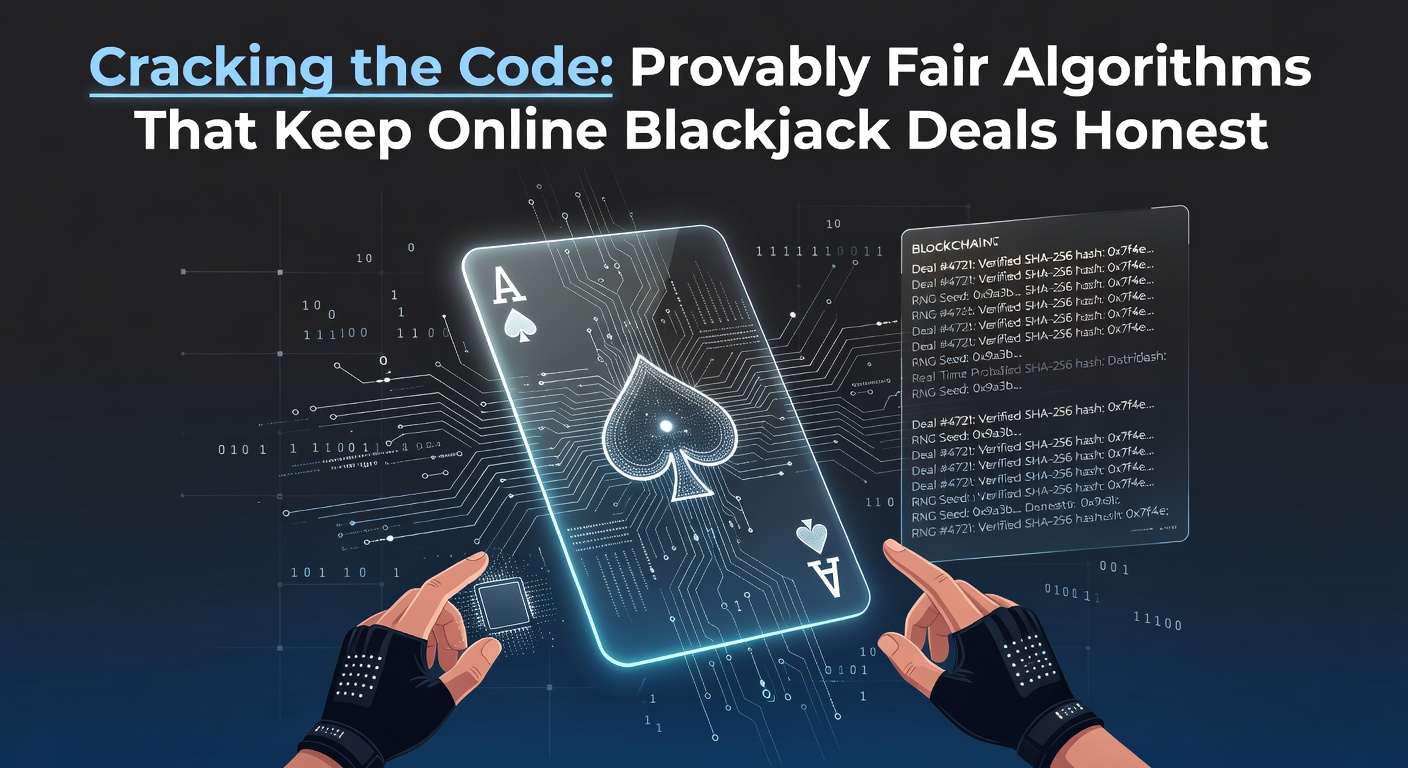 Digital visualization of cryptographic hashes and seeds verifying a fair blackjack shuffle in an online casino interface