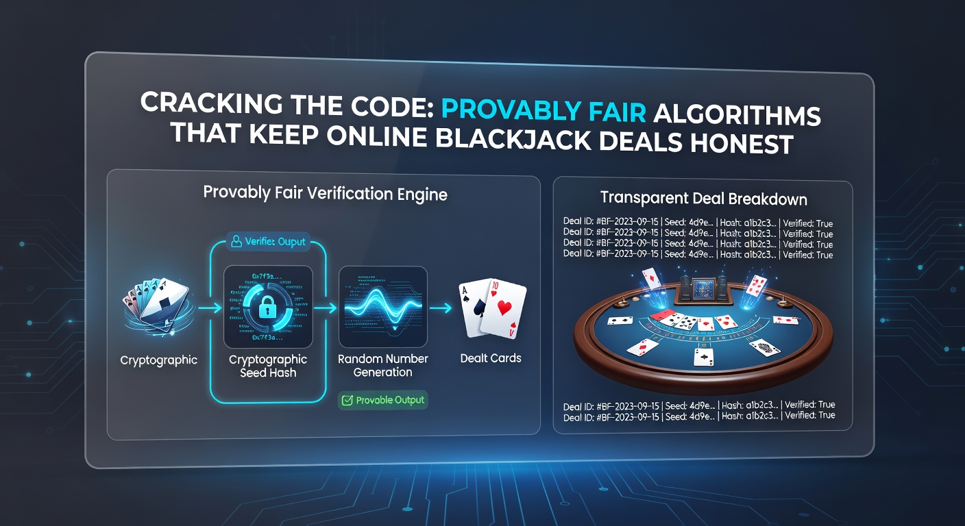 Close-up of a provably fair verification interface showing hashed seeds, client inputs, and confirmed blackjack outcomes on a digital dashboard