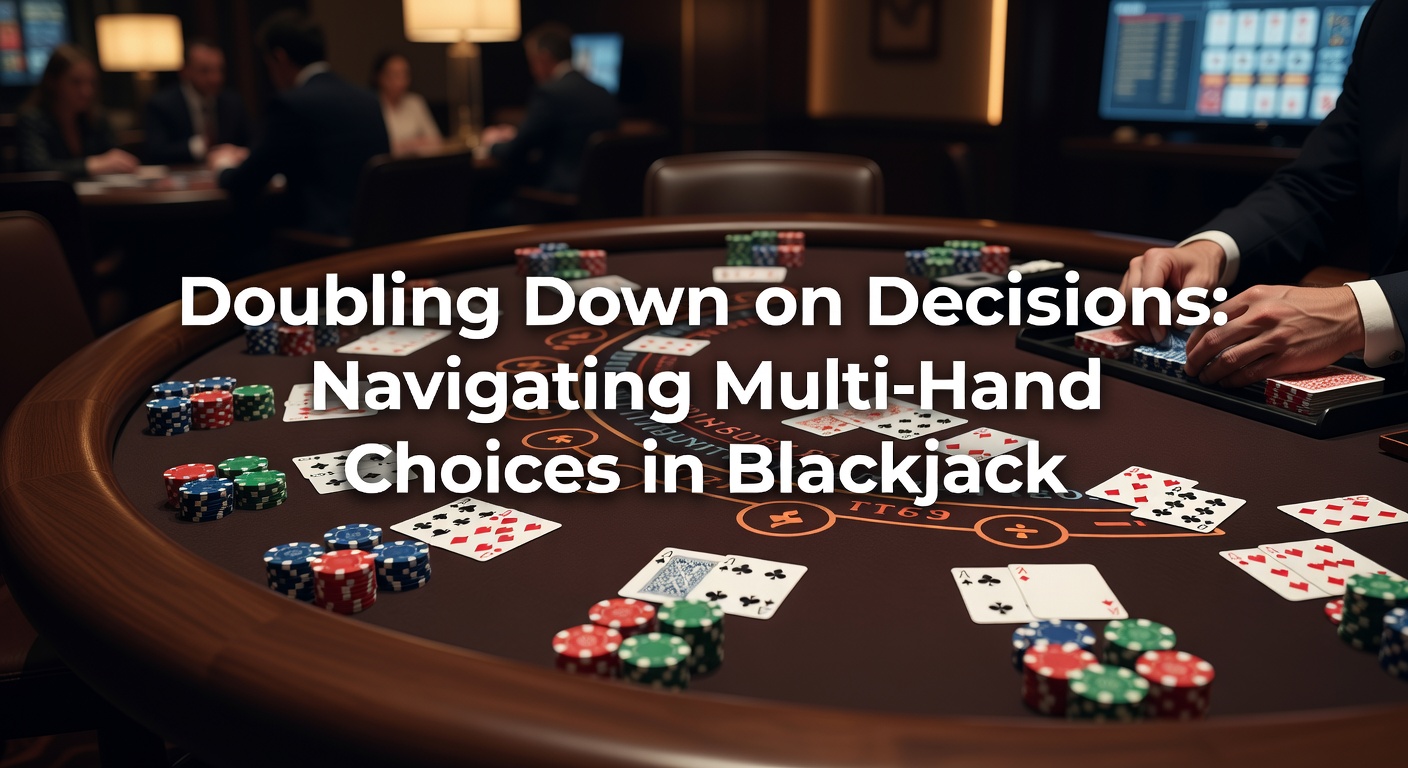 A bustling blackjack table where players manage multiple hands, chips stacked high amid tense doubling down moments