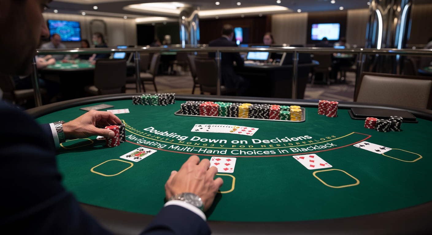 Close-up of a player's hands doubling down on two blackjack spots, dealer peeking at ace upcard amid chip stacks
