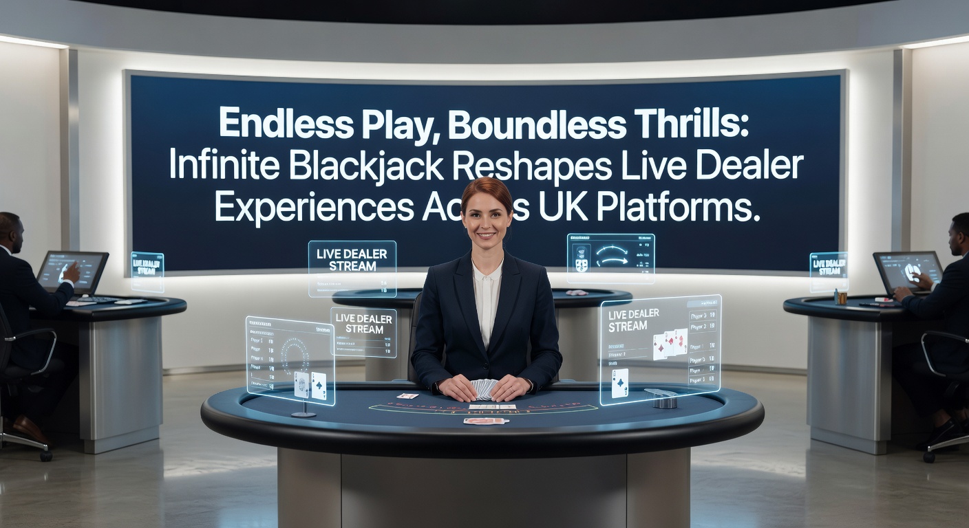 Vibrant live dealer Infinite Blackjack table with multiple player interfaces and dealer dealing cards in real-time