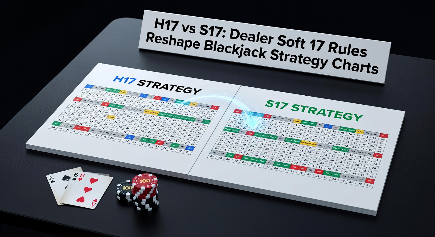 Blackjack strategy chart comparing H17 and S17 rules side by side, highlighting key decision differences for players