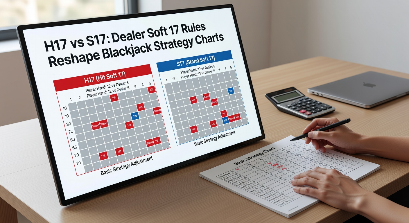 Close-up of a blackjack table with dealer holding soft 17, illustrating H17 hit decision in action during a live game