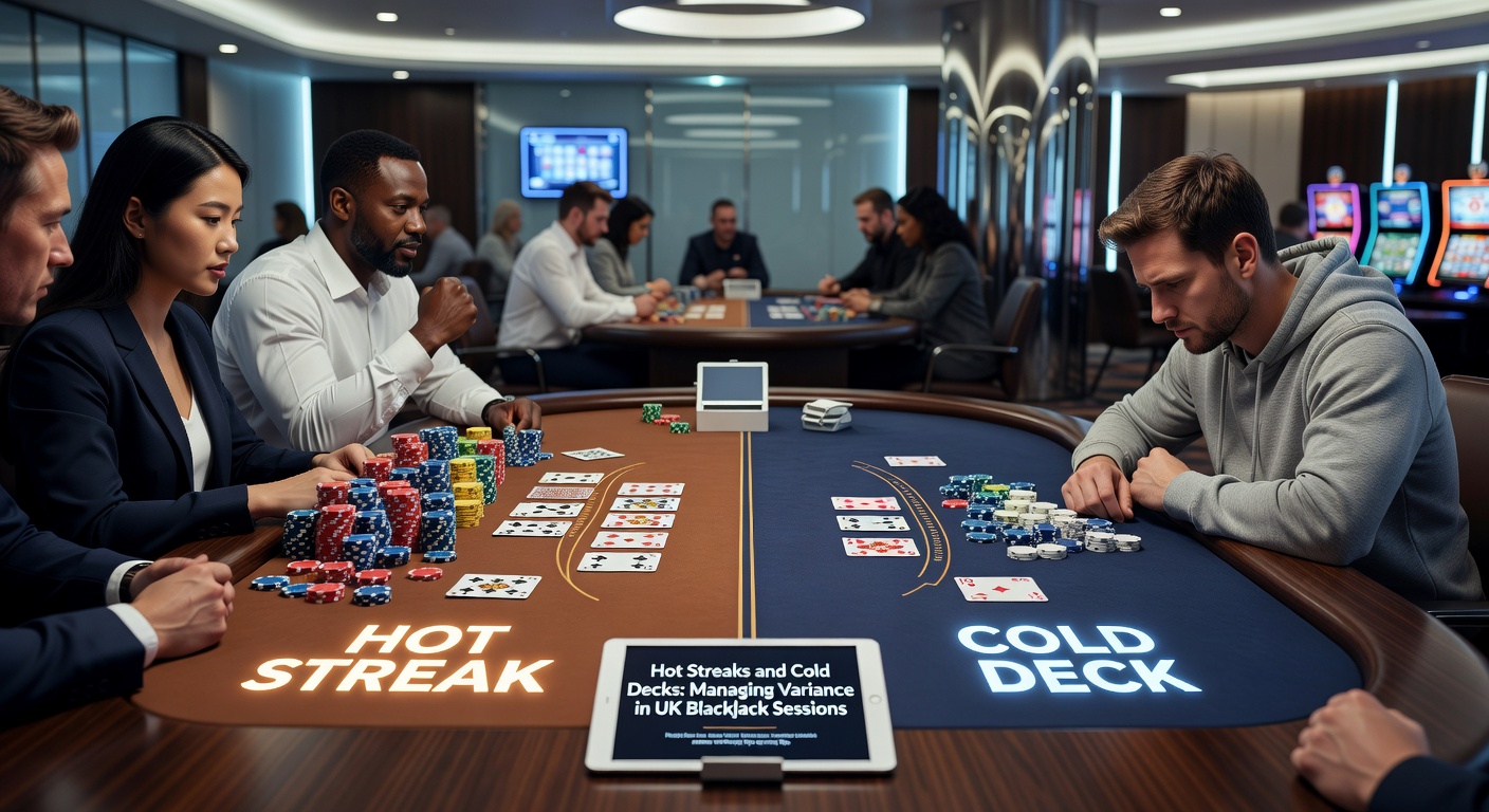 Graph illustrating blackjack variance with hot streak peaks and cold deck valleys over multiple sessions, highlighting bankroll survival curves