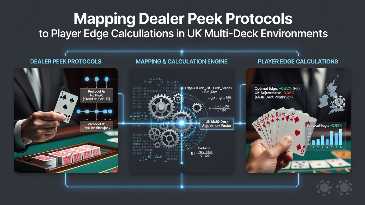 Dealer performing peek protocol at a multi-deck blackjack table in a UK casino setting