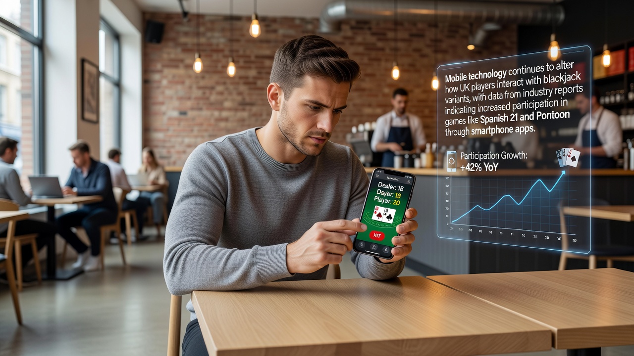 UK players engaging with mobile blackjack apps showing Spanish 21 and Pontoon variants on smartphones
