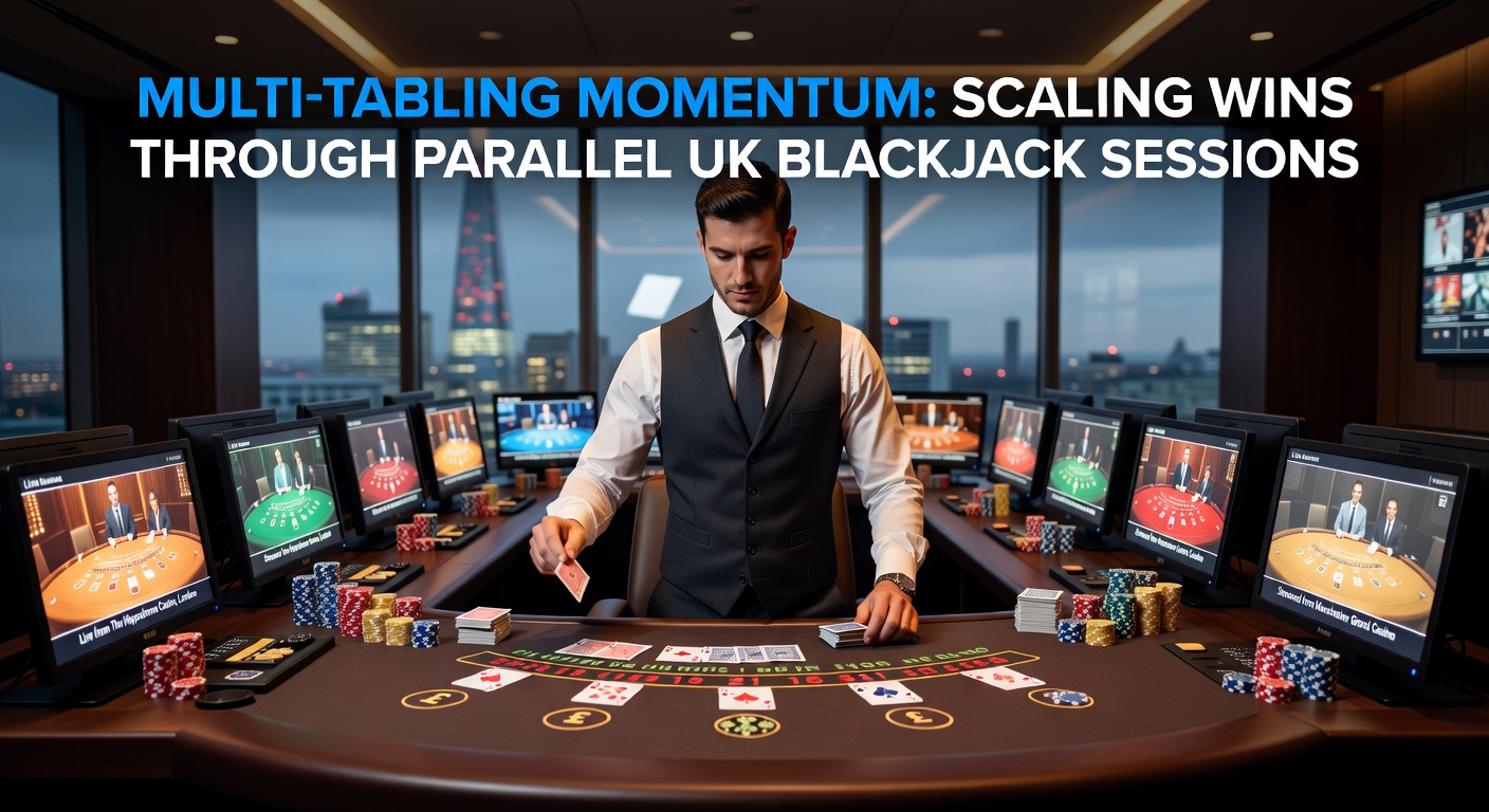 Multiple screens displaying parallel blackjack tables in a UK online casino session, showing hands in progress and bet trackers