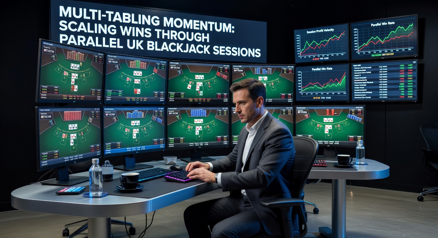 Close-up of a multi-monitor setup with UK blackjack tables open, charts overlaying win rates and bankroll graphs