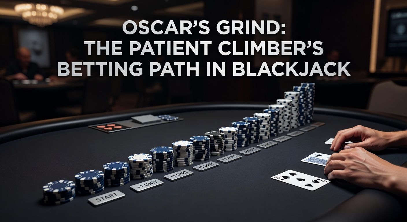 Illustration of a gradual upward betting progression chart in a blackjack game, showing steady profit accumulation over multiple hands