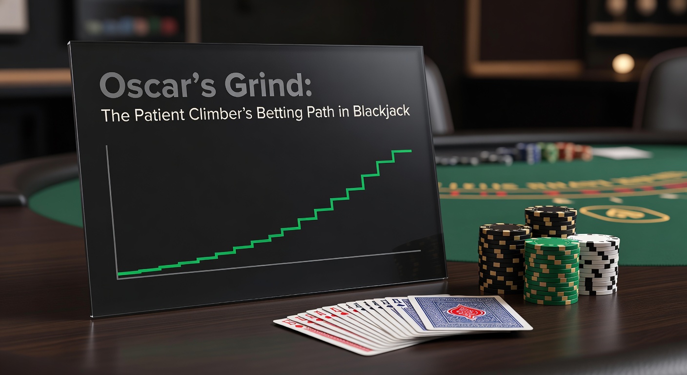 Close-up of a blackjack betting progression table demonstrating Oscar's Grind cycles, with columns for hands, bets, outcomes, and running profit tallies