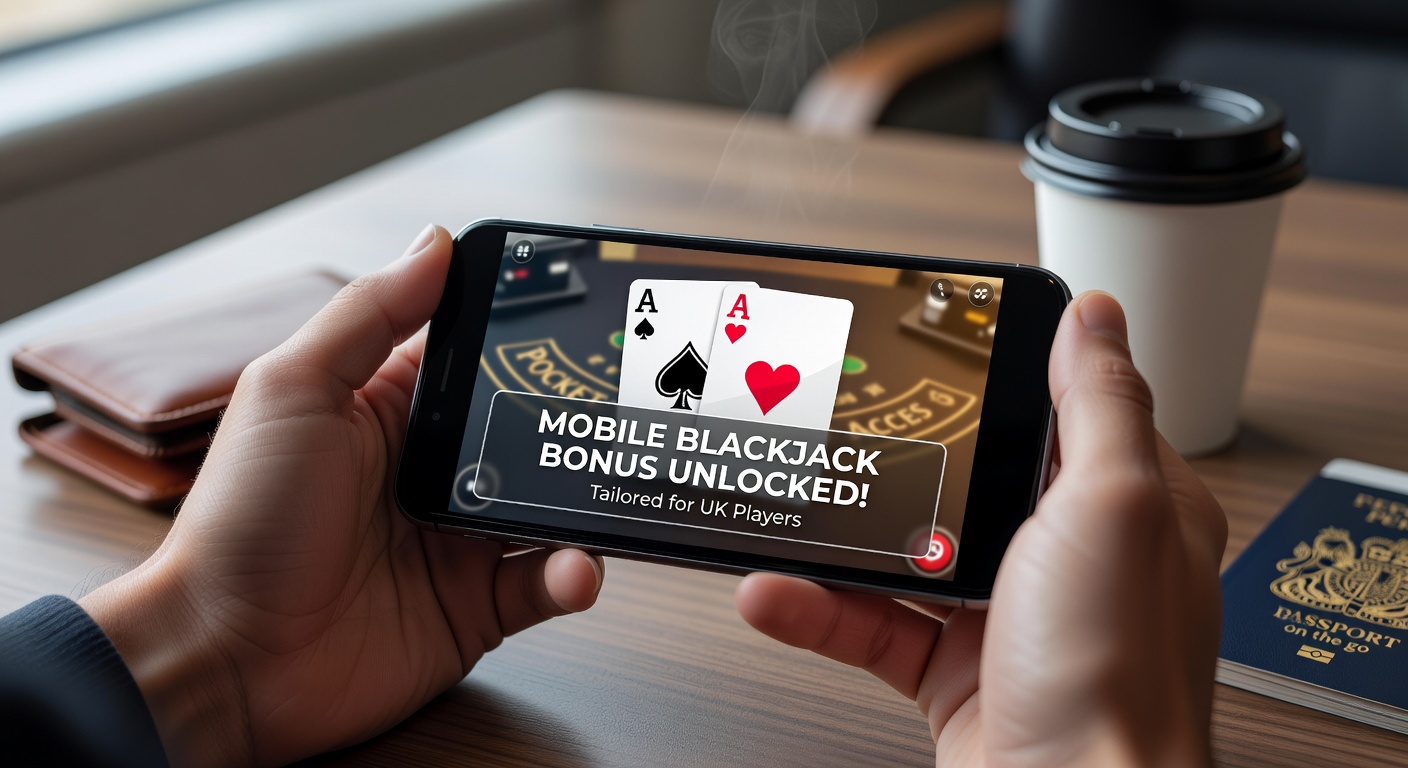 Smartphone displaying a mobile blackjack table with bonus icons and UK flag elements, highlighting on-the-go gaming promotions