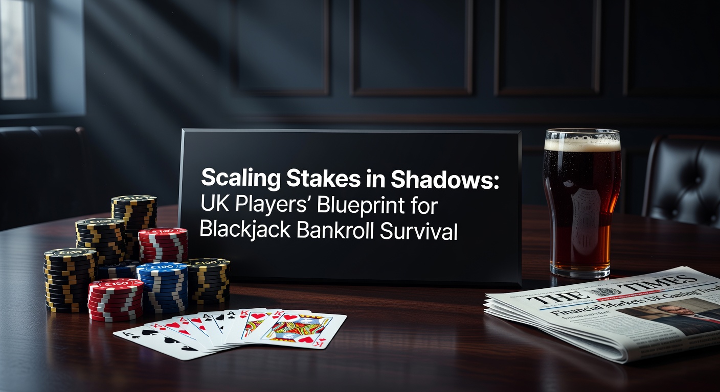 UK blackjack player discreetly adjusting stakes at a dimly lit casino table, symbolizing careful bankroll management amid session variance
