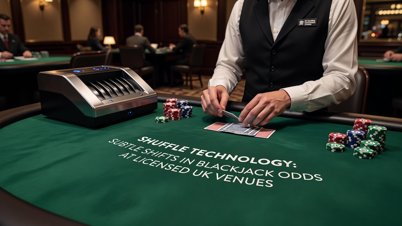 Blackjack table layout showing automated shuffler integration at a UK casino wth players observing the dealing process