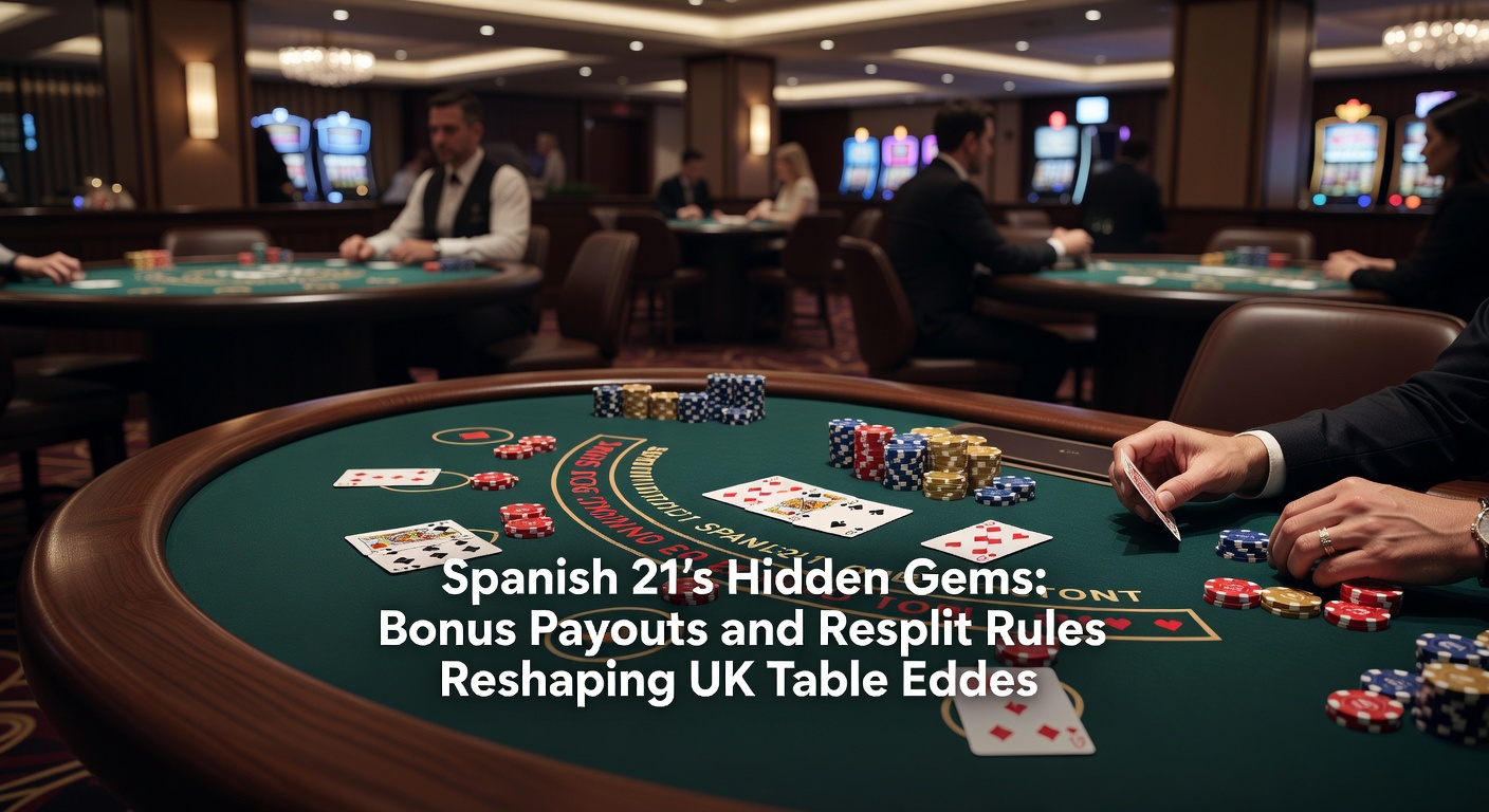 Vibrant casino table showing Spanish 21 cards in action, with bonus payout chips stacked high