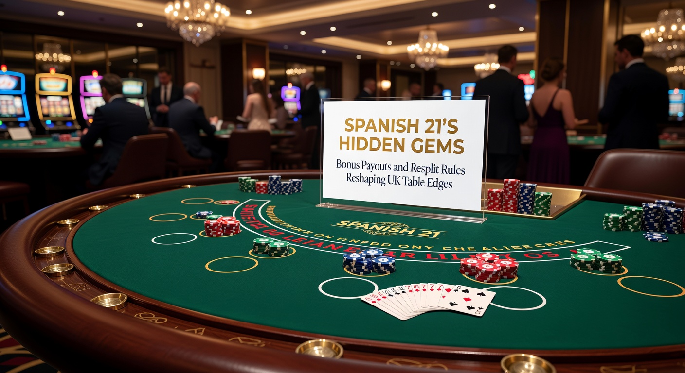 Close-up of a Spanish 21 bonus hand with five cards totaling 21, surrounded by colourful chip payouts