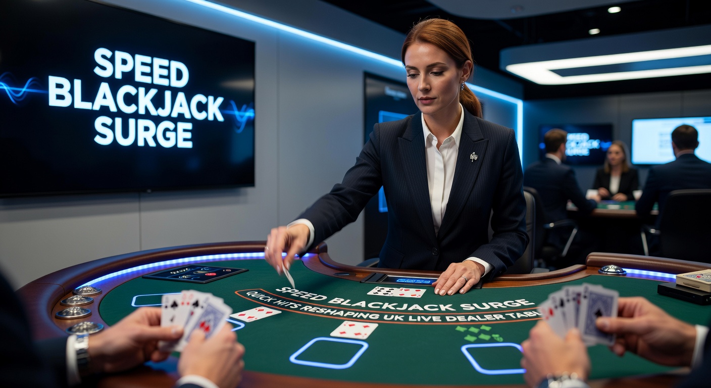 Dynamic Speed Blackjack live dealer table with cards flying fast-paced action on UK online casino stream