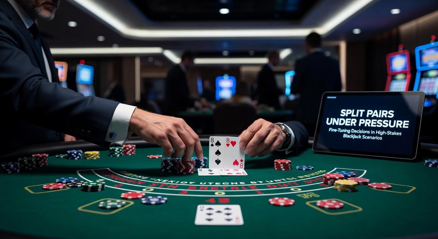 Intense high-stakes blackjack table where a player contemplates splitting a pair of eights against a dealer ace, chips stacked high amid focused tension