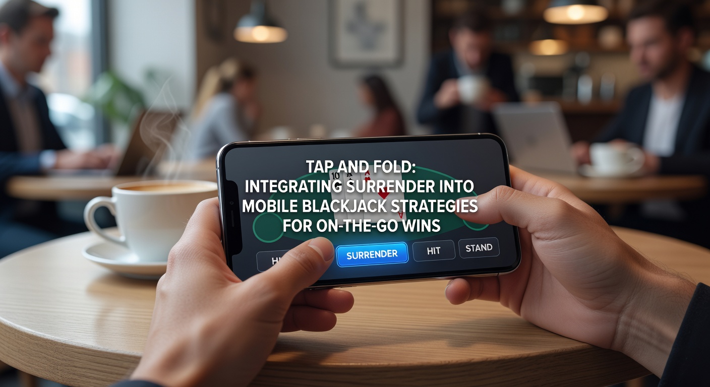 Player tapping surrender option on a mobile blackjack app during a commute, screen showing a tough 16 against dealer's 10