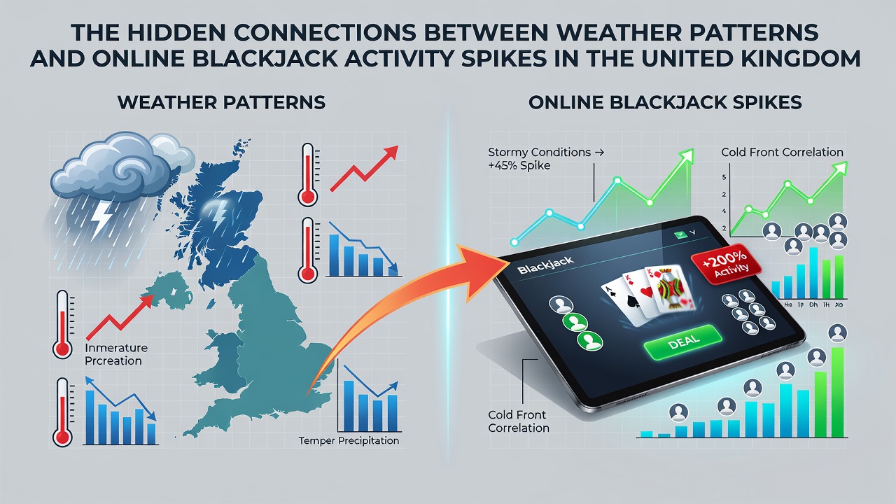 Stormy UK weather with rain and clouds over residential areas alongside digital blackjack interfaces on screens