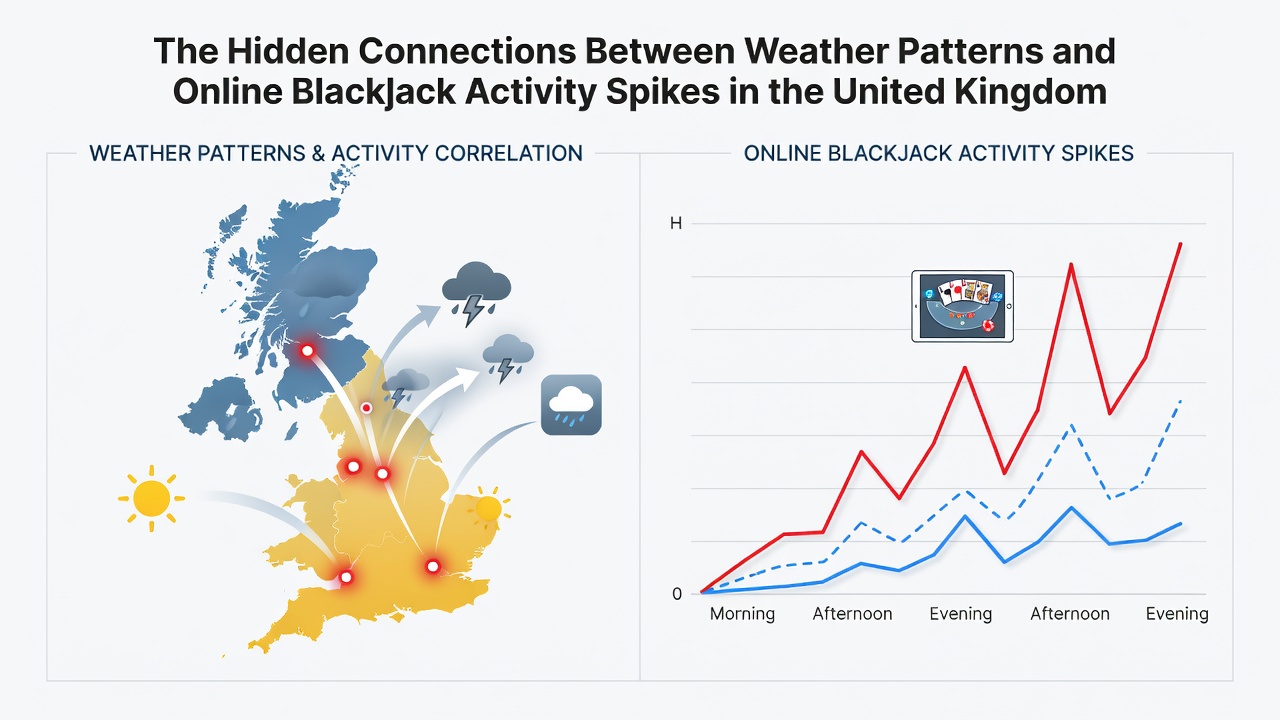 Digital graphs overlaying UK map showing spikes in online blackjack activity during storm periods