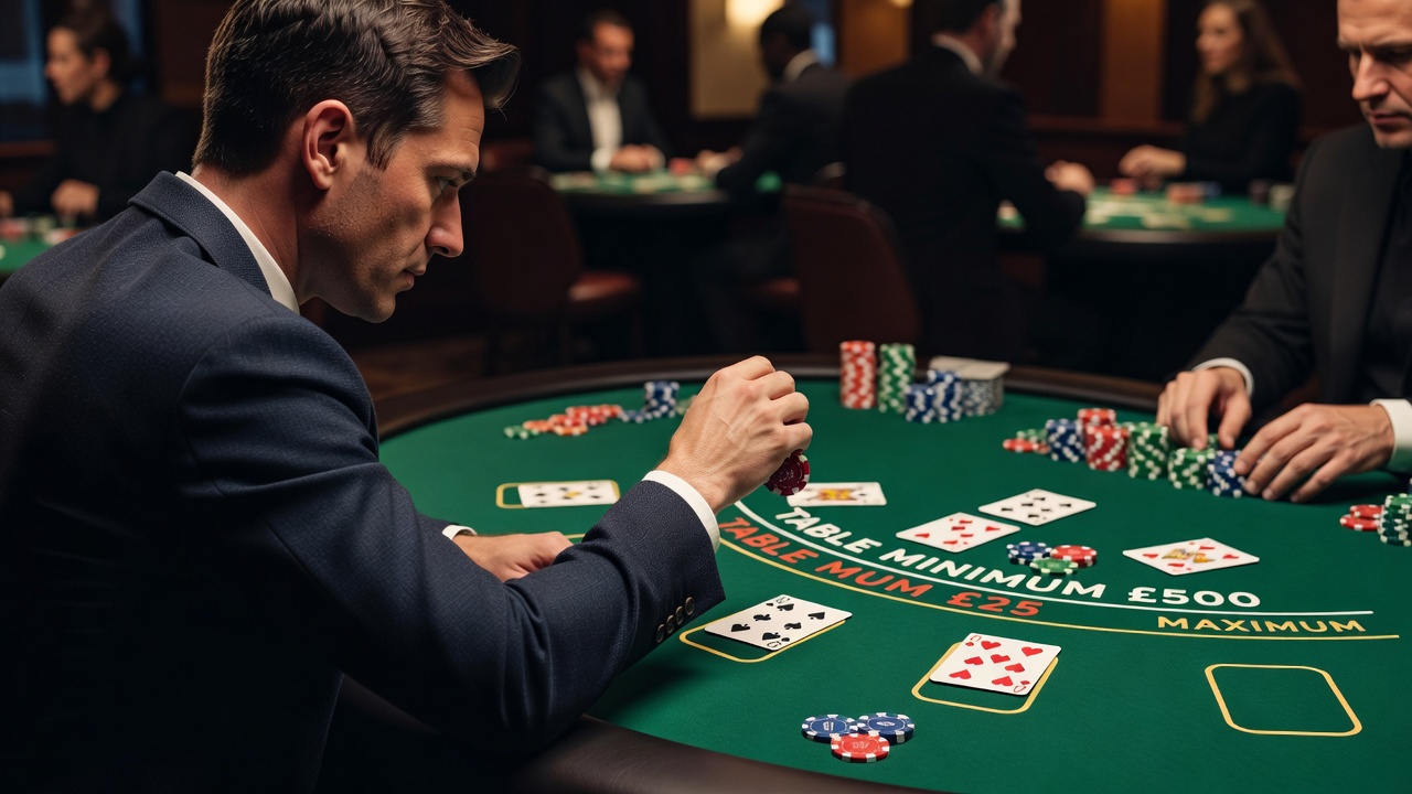 UK blackjack players evaluating table minimums at a casino floor with chips and cards visible
