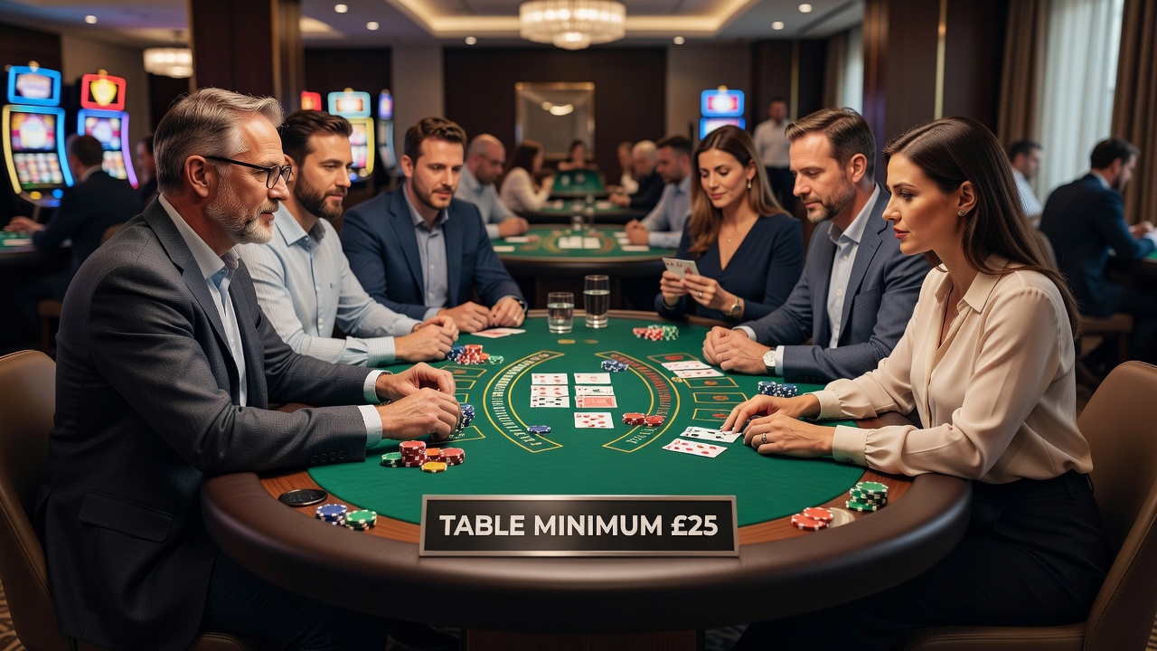 Close-up of blackjack table layout highlighting minimum bet signage and player chip stacks