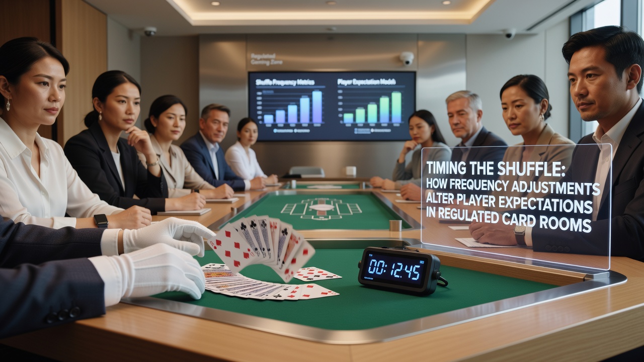 Close-up of dealer performing a manual shuffle at a regulated blackjack table with players observing the procedure