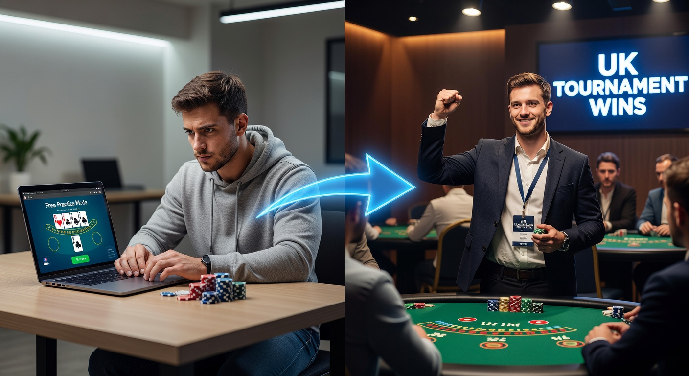 UK blackjack tournament scene with players at felt tables, free practice screens in background fueling their edge