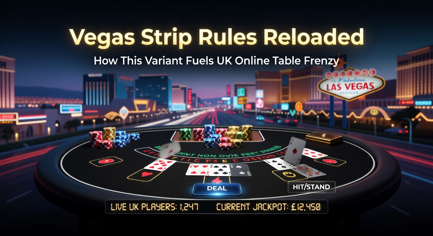 Vibrant online Vegas Strip blackjack table with cards and chips in action, capturing the high-energy frenzy at UK digital casinos