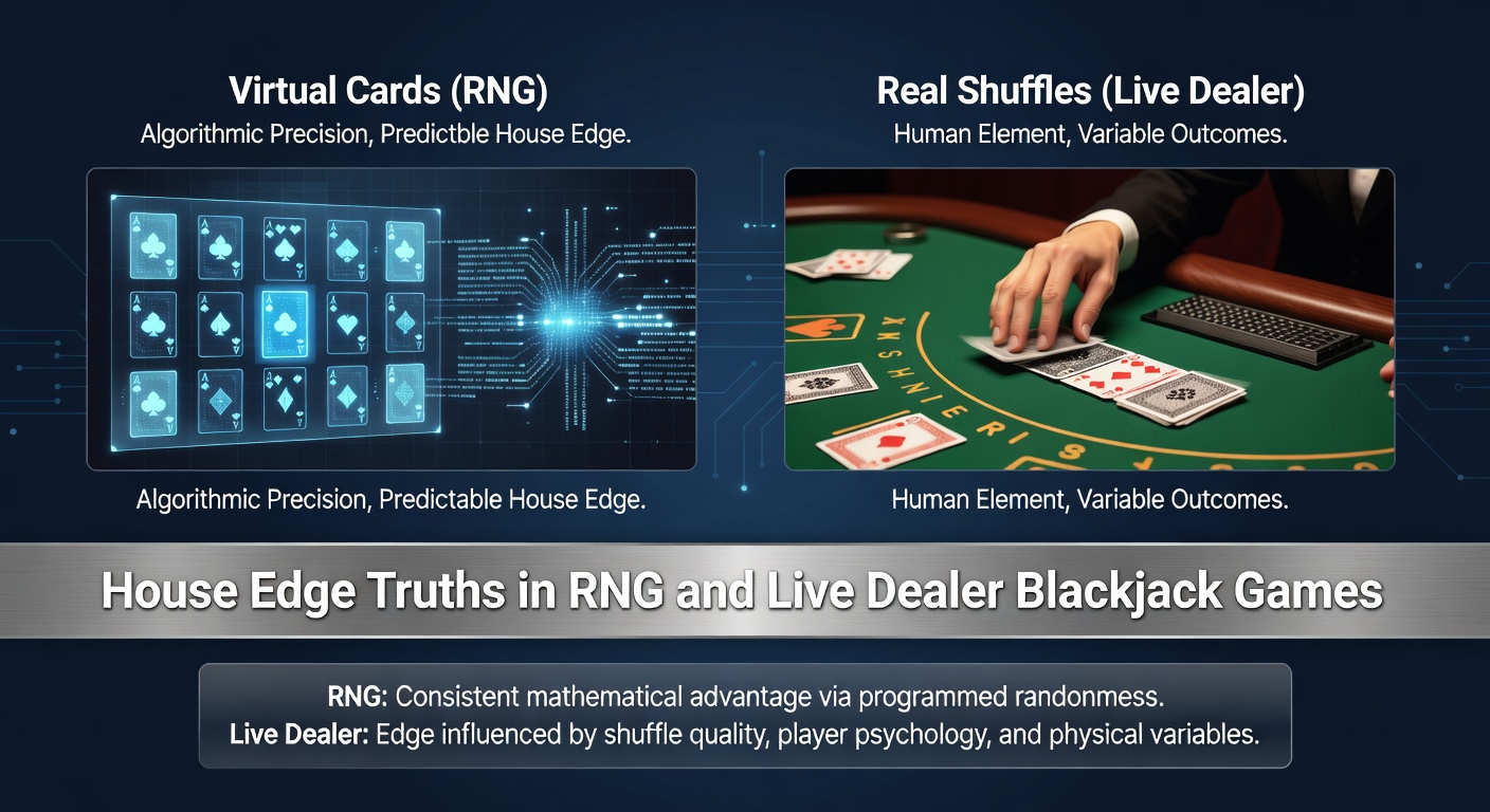 Split-screen comparison showing RNG-generated virtual blackjack cards on a digital table alongside a live dealer shuffling physical decks at a streamed casino table